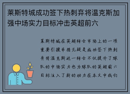莱斯特城成功签下热刺弃将温克斯加强中场实力目标冲击英超前六