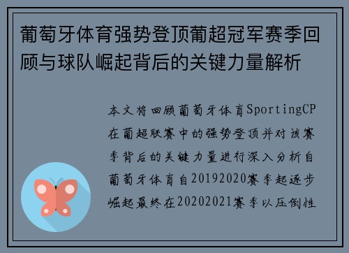 葡萄牙体育强势登顶葡超冠军赛季回顾与球队崛起背后的关键力量解析